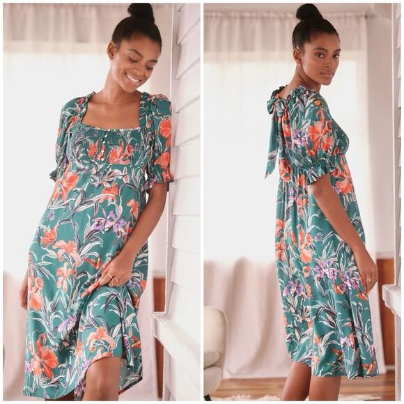 Anthropologie Puff Sleeve Smocked Floral Midi Dress Size Small Tropical - Picture 1 of 11